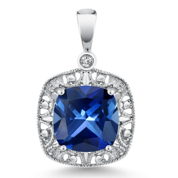Gem Stone King 10K White Gold Women's Cushion Blue Created Sapphire and Diamond Accent Pendant 2.5 cttw