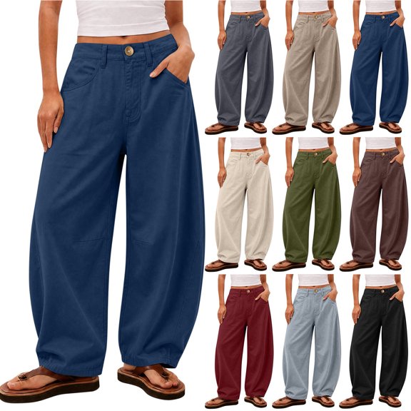 Chiccall Solid Cotton Linen Women's Loose Wide Leg Trousers with Pockets High Waist Button Casual Barrel Pants