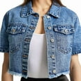 thumbnail image 3 of Women's Short Sleeve Denim Jacket Button Down Trucker Jacket Y2K Cropped Jean Jackets Blue M, 3 of 9