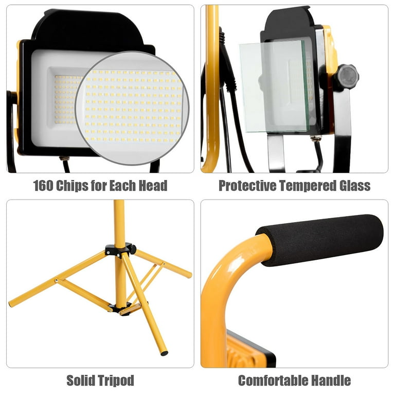 30000 Lumen LED Work Light On Tripod Stand - 2 Adjustable Heads, IP66 Waterproof, For Construction & Garage