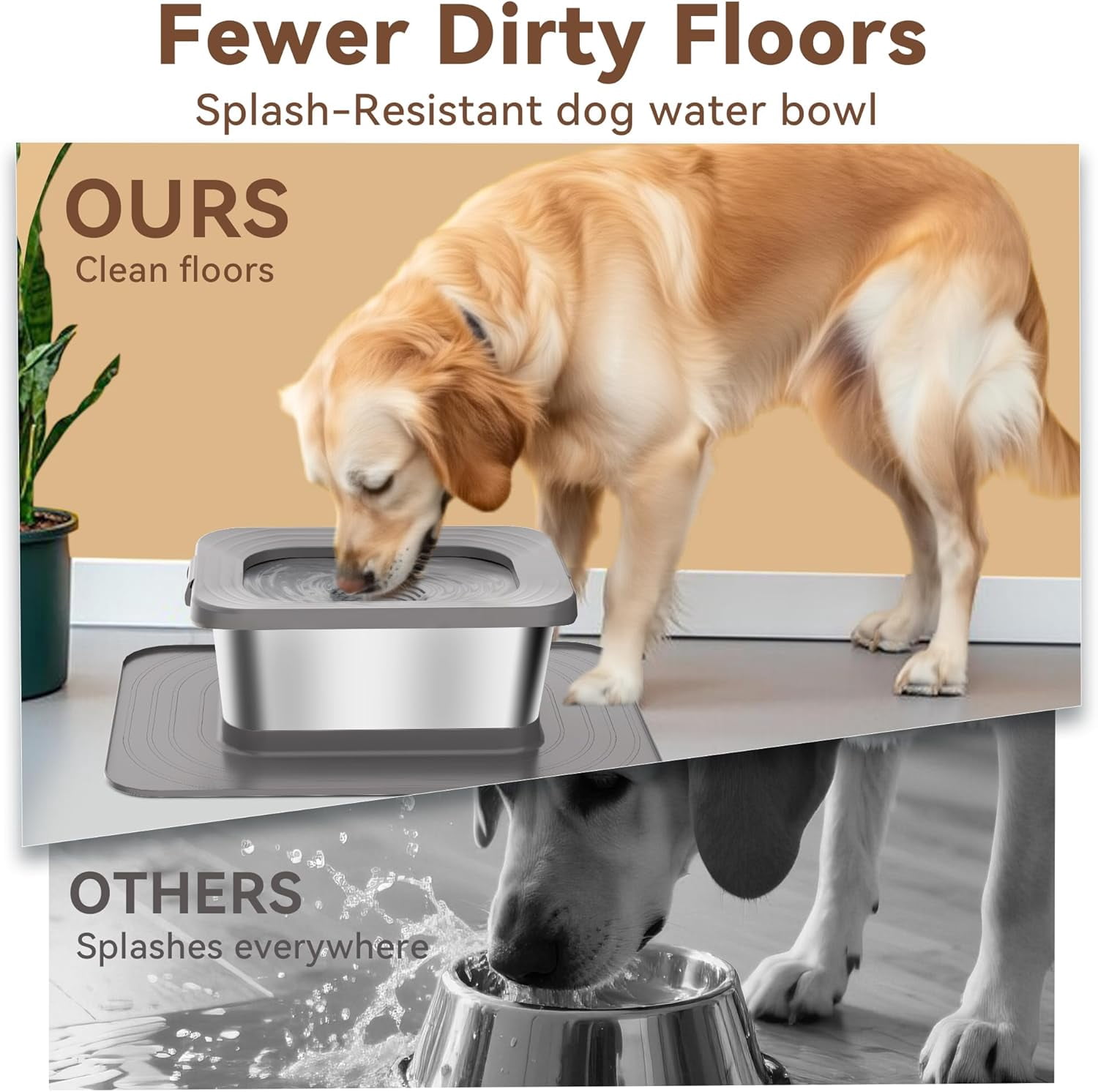 10L No Spill Dog Water Bowl, 2.6 Gal Stainless Steel No Splash Large Dog Water Bowl with Non-Slip Silicone Mat, Spill Proof Slow Drinking Pet Bowls for Messy Drinkers Indoor/Outdoor Use Gray