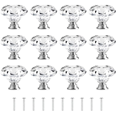 ZHUYING 12 pack Drawer Knobs Diamond Shaped Crystal Glass 30mm Cabinet Knobs Pull Handles (Silver)