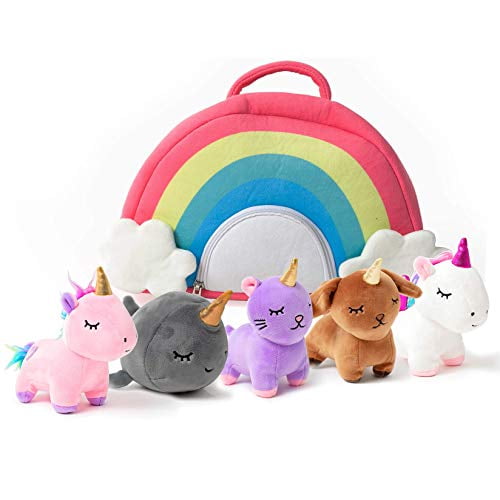 PixieCrush Unicorn Toys Stuffed Animal Gift Plush Set with Rainbow Case – 5  Piece Stuffed Animals with 2 Unicorns, Kitty, Puppy, and Narwhal – Toddler  
