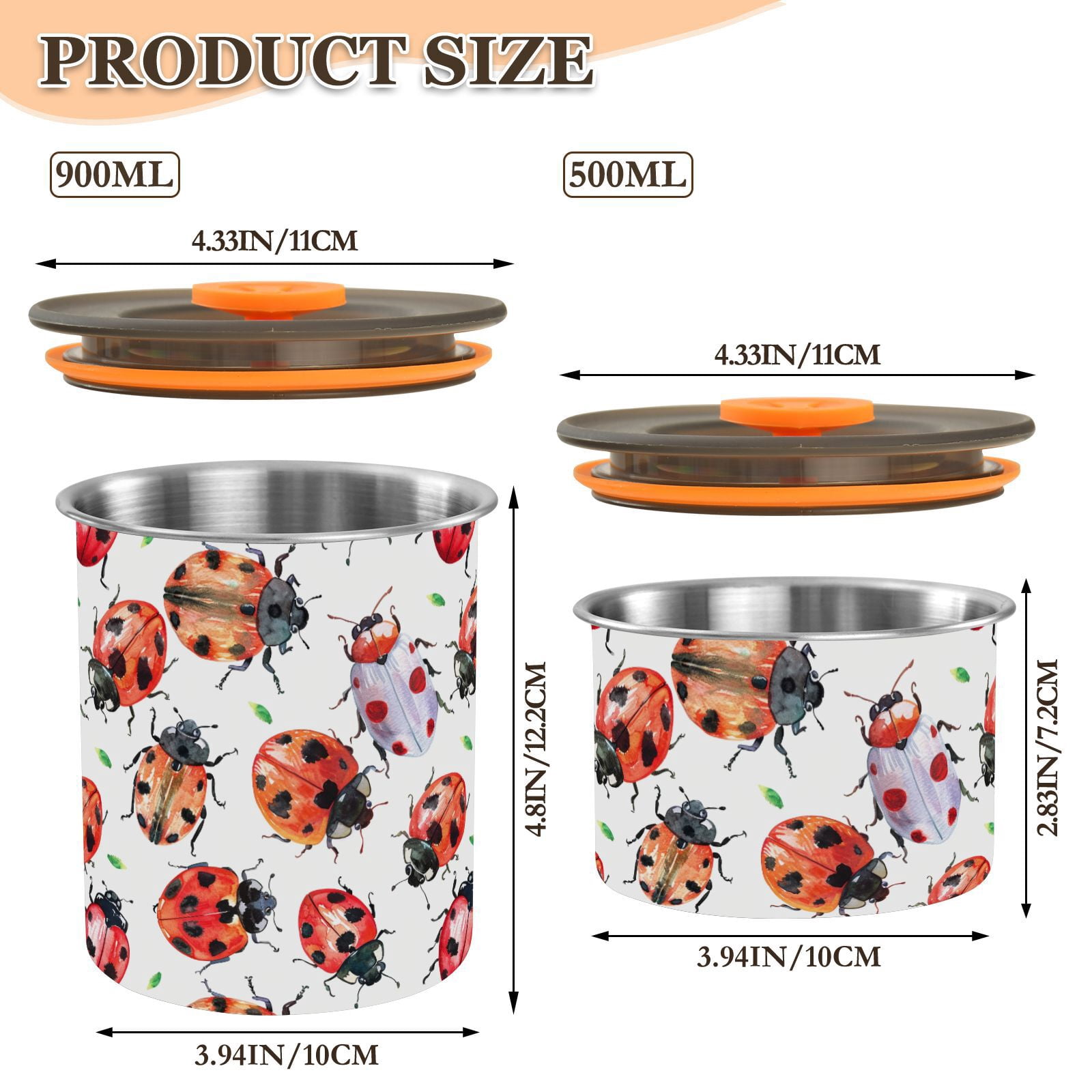 Lady Bug Watercolor Airtight Coffee Bean Canister 30oz Food Storage Containers with Lids For Gournd, Tea, Sugar, Flour, Rice, Cereal, Candy Cookie Jar