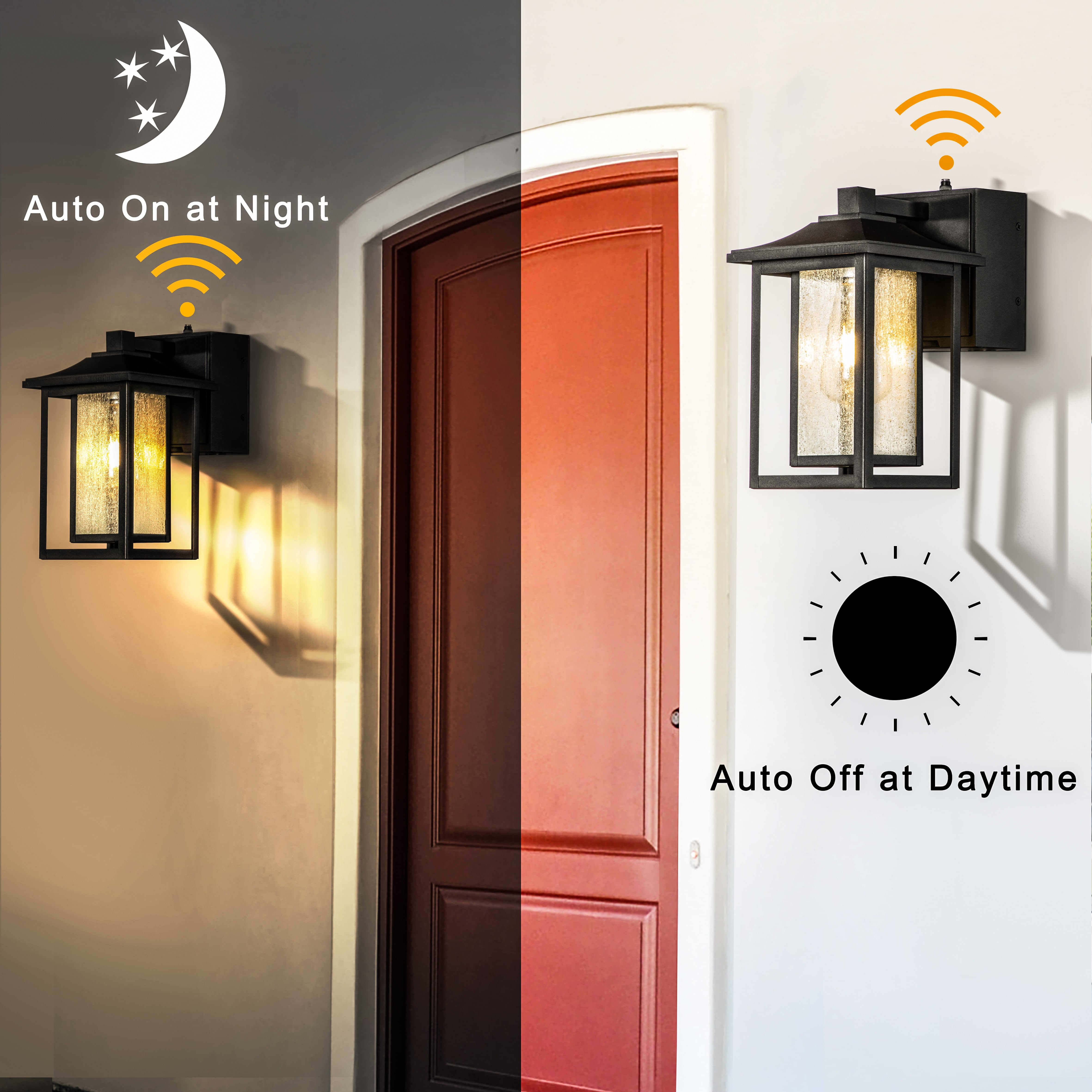1 Light Black Dusk to Dawn Sensor Outdoor Wall Sconces with Seeded Glass and built-in GFCI Outlets