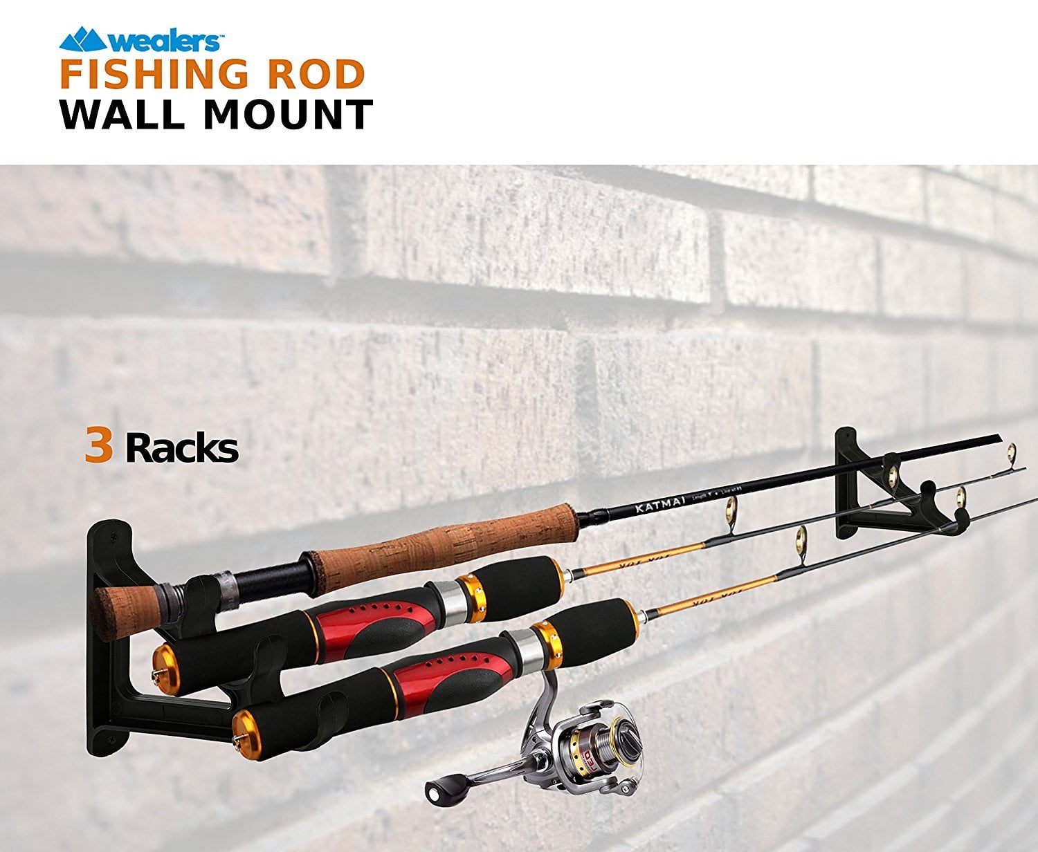 CAIKEI Horizontal Rod Rack for Fishing Rod Wall Rack Storage-Ultra Sturdy Strong Weatherproof Holds 3 Rods- Space Saving for Fishing Rods,Hiking Poles