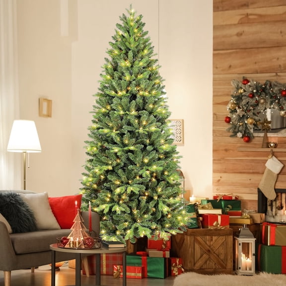 Mayhihi 6Ft Pre-Lit Slim Christmas Tree, Green, Fir Xmas 'Feel Real' Artificial Tree, White Lights