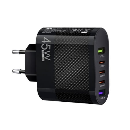 USB Charger Block Multiple Ports 5 Port Charger Block USB B and USB A Port 45W Type C Port Charging Adapter Wall Charger Plug Charging Station Fast