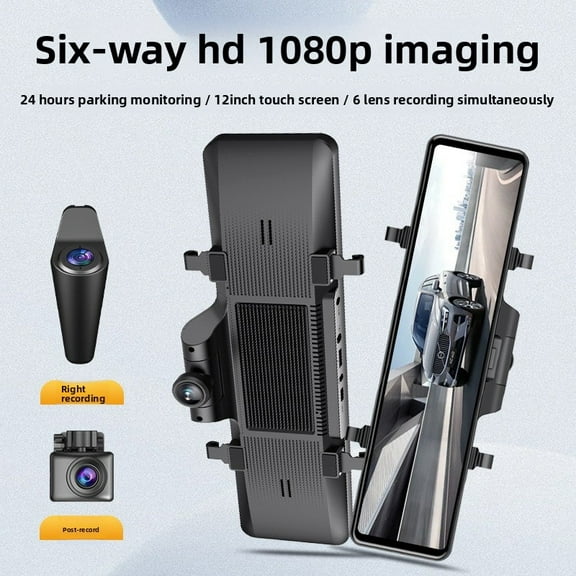 12” 6-Lens Mirror Dash Cam with 360° Full View, Right Blind Spot   Rear HD 1080P, Touchscreen Car Camera, Parking Monitor, 128GB Card Included