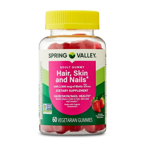 Spring Valley Organic Biotin Vegetarian Gummies, Strawberry Flavor, 2500mcg, 60 Count