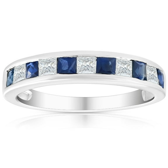 Pompeii 1 Ct Princess Cut Blue Sapphire & Diamond Ladies Wedding Ring 14k White Gold