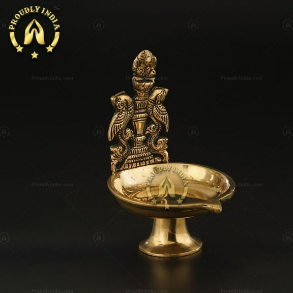 ProudlyIndia Brass Vilakku, South Indian Lamp, Brass Diya, Kerala Lamp, Single Wick Peacock Head Handle Pan Leaf shape Diya, Kerala Deepam, Nilavilakku, Indian Brass Lamp