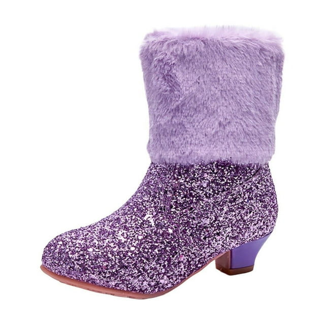 Purple Fleece Lined Ankle Boots For Girls, Princess Design And Low Heel For Winter, Lightweight And Warm