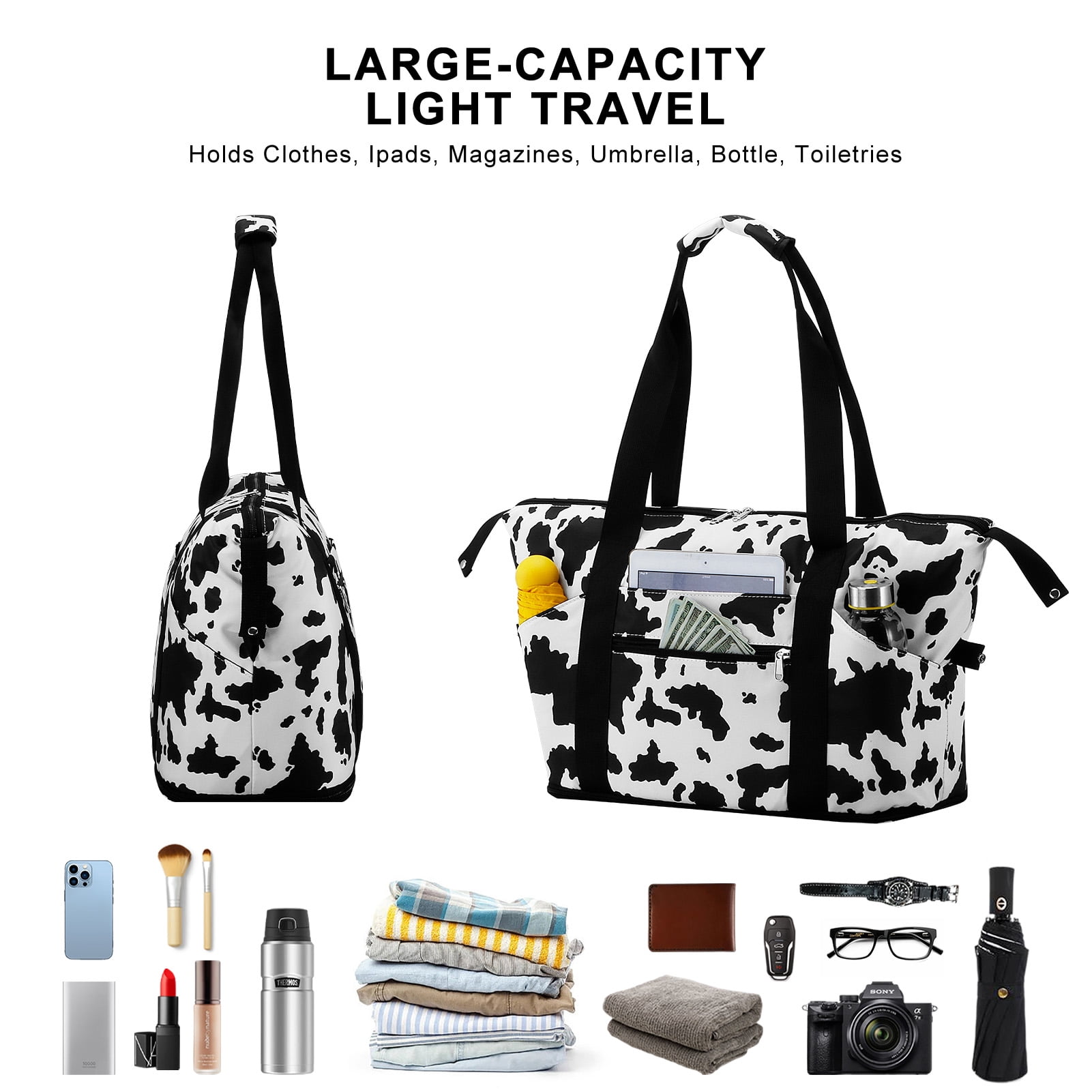 HAWEE Expandable Duffel Bag for Women with Trolley Sleeve and Wet Pocket Water Repellent Weekender Travel Tote Large Capacity Carry On Overnight Luggage for Gym/ Trip/ Camping/ Beach, Cow Print