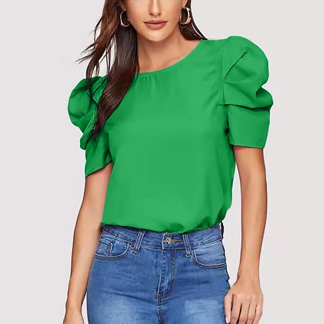 WAIIMAK Summer Womens Tops Solid Color Round Neck Blouse Pleated Puff Short Sleeve Tops