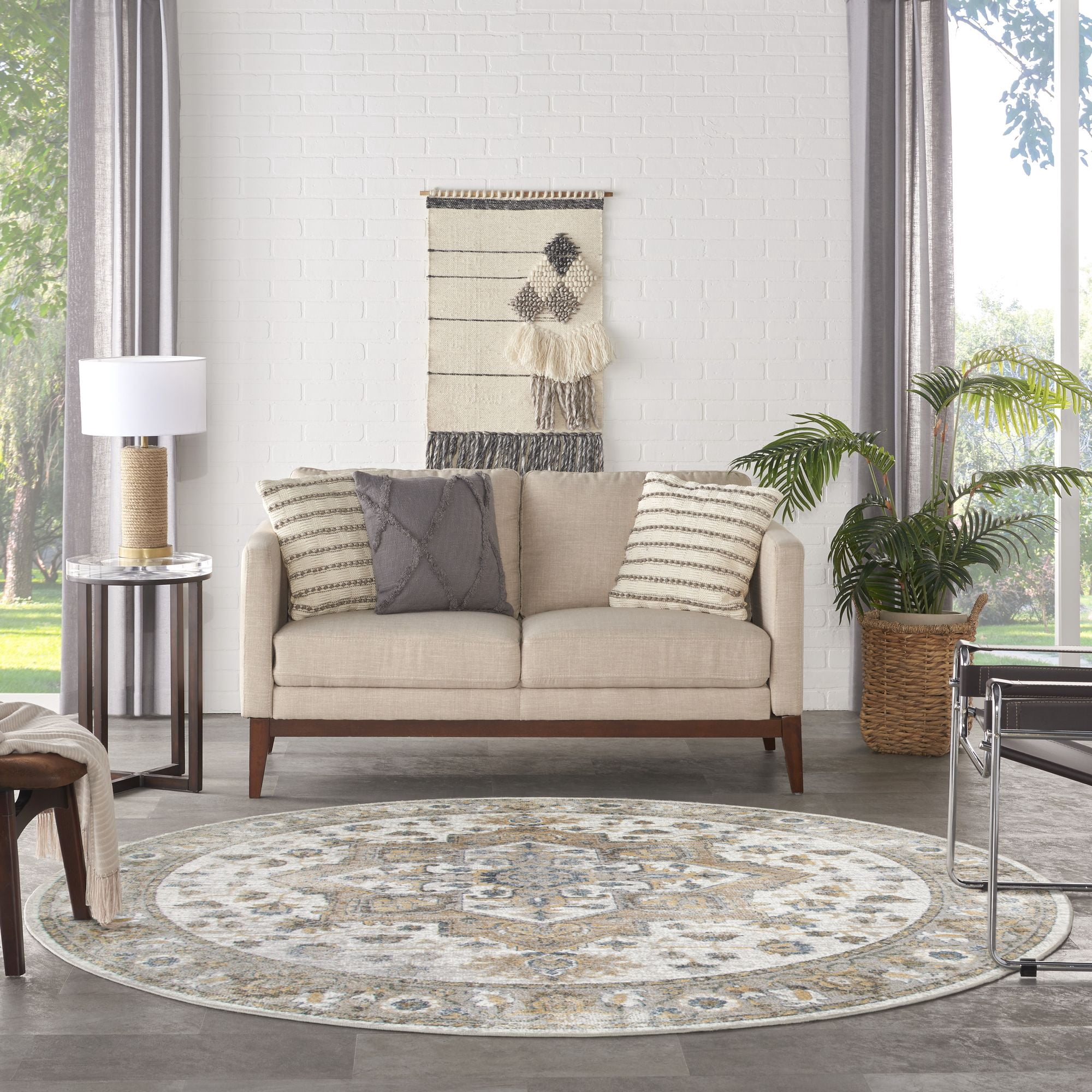 Nourison Astra Machine Washable 5'3" x Round Beige Vintage Indoor Flatweave Rug