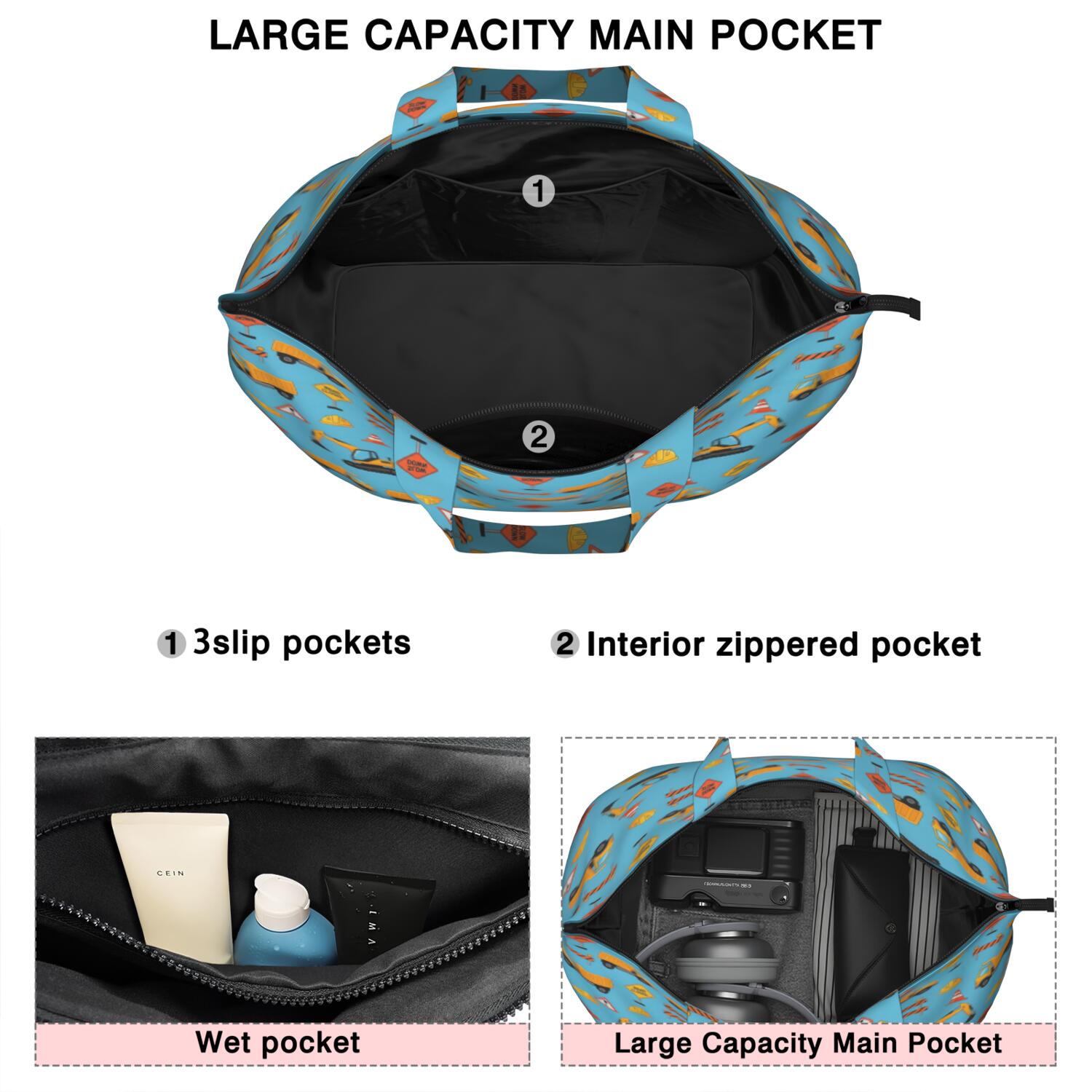 Cartoon Construction Vehicles Barriers Light Blue Pattern Travel Tote Bags for Women Carry On,Large Weekender Bags for Women Travel,Multi Functional Duffle Bag for Work,Shopping,Sports