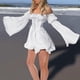 thumbnail image 4 of ICHUANYI Clearance Ladies Fashion One-Shoulder Trumpet Sleeves Ruffled Sweet Retro Vintage Style Chiffon Dress(White, L) ICHUANYI WER2023080812657, 4 of 8