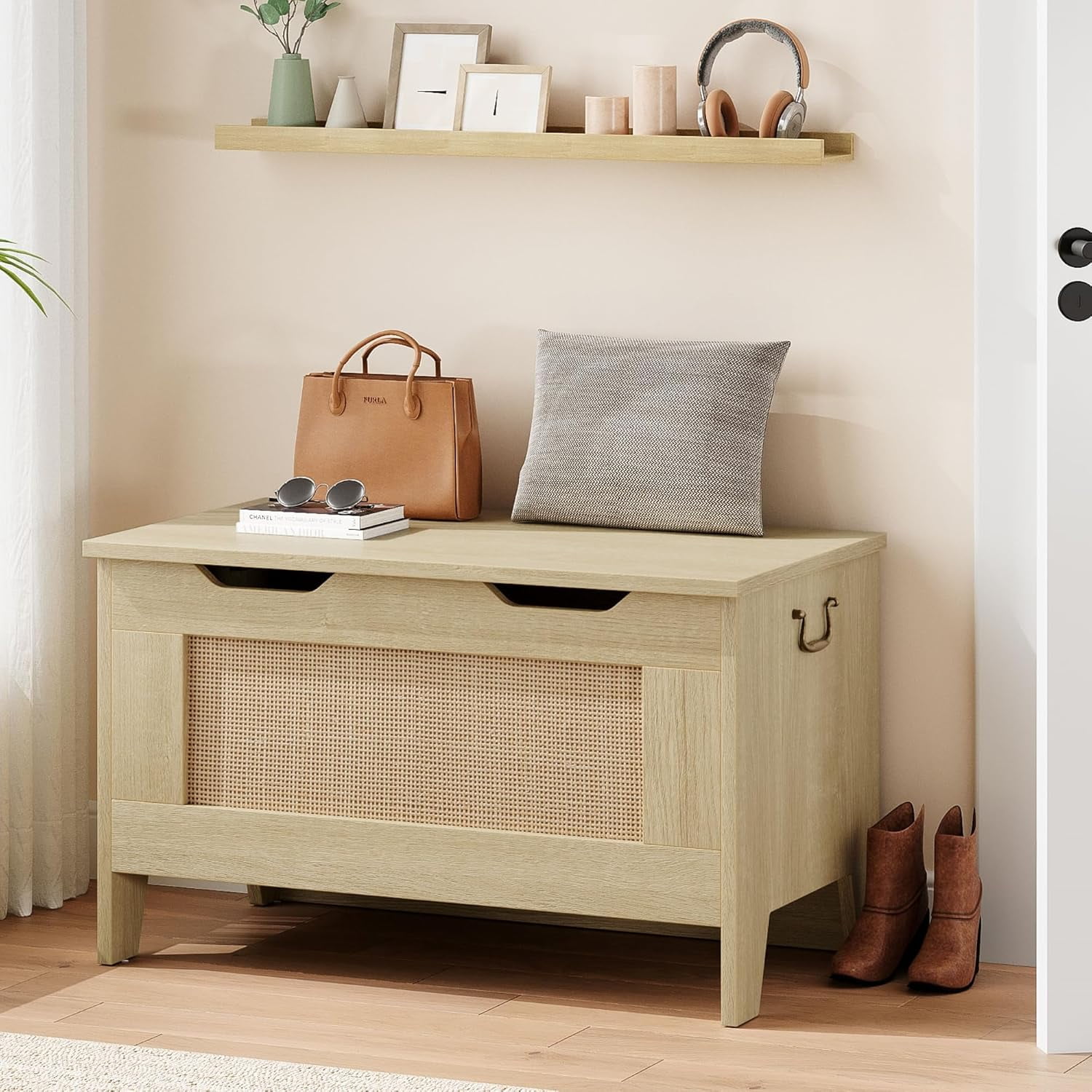 Towallmark Storage Chest, Rattan Toy Chest, 30" Wooden Storage Bench with Safety Hinge, Blanket Chest, Entryway Bench, Supports 350 lb, Storage Trunk for Living Room, Bedroom, Playroom, Natural Oak