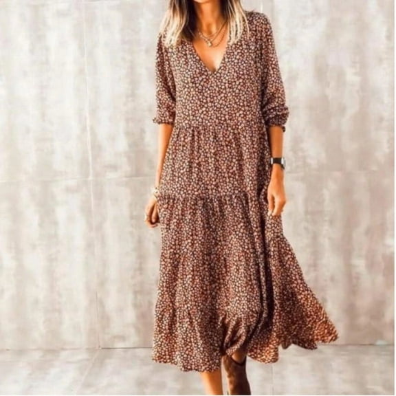 Women Printing Leisure Splice Long Sleeve V-Neck Mid-Calf Casual Dress