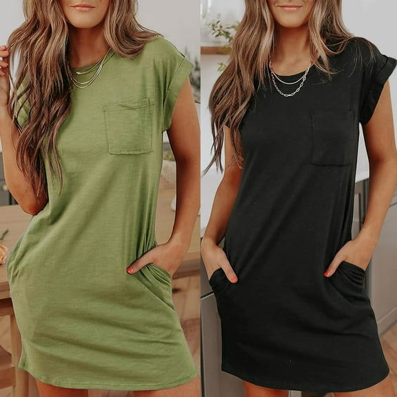 Juesizh Tshirt Dress for Women Crewneck Short Sleeve Mini Dress Casual Work Fashion Solid Color Pockets Summer Dress, S-XL