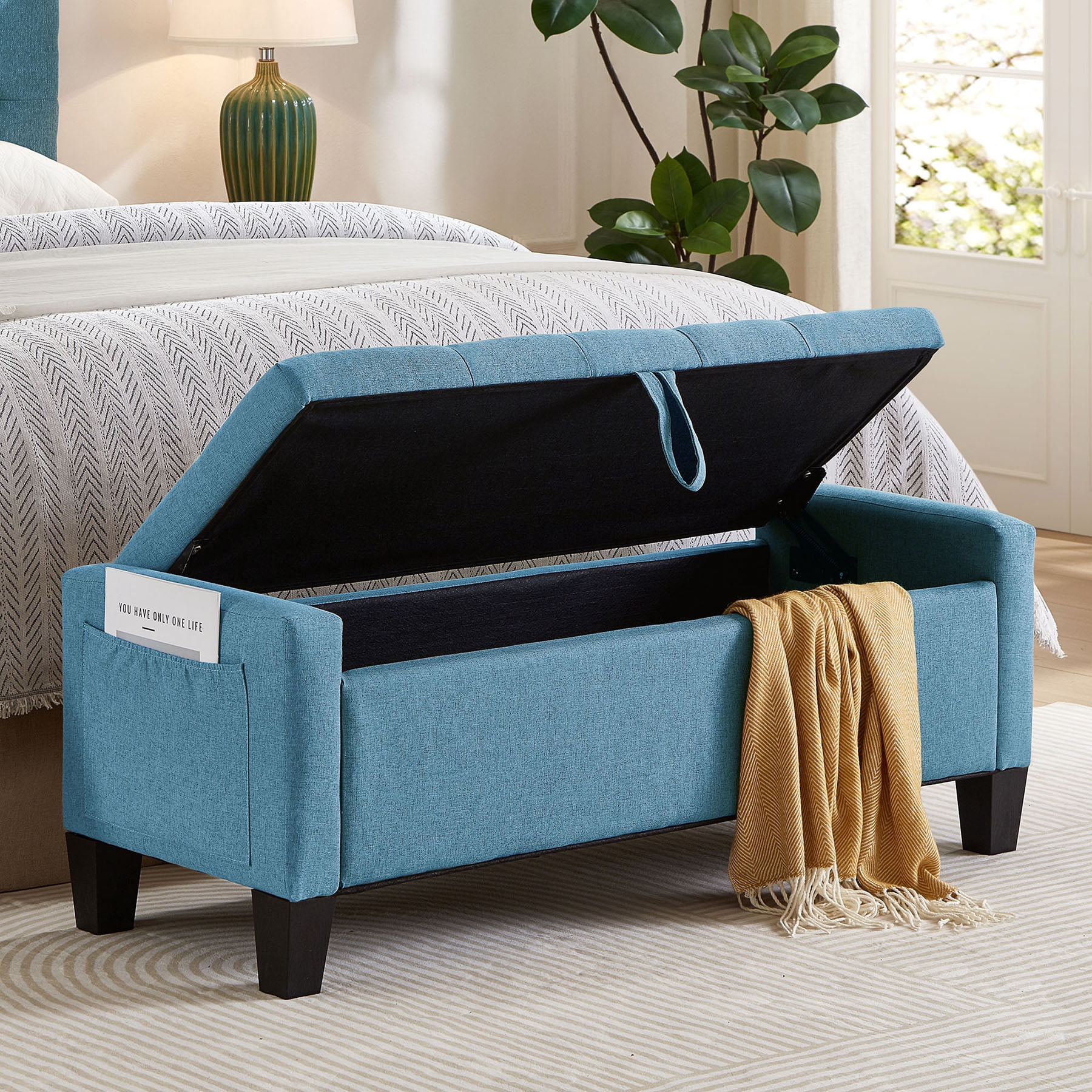 CQSXDA Upholstered Ottoman Bench in Linen with Storage and Safety Hinge for Entryway Seating and Organization