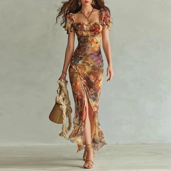 Morttic Women's Square Neck Puff Sleeve Floral Maxi Dress – Bohemian Elegant, Side Slit, Vacation & Wedding Outfit Multicolor,XS