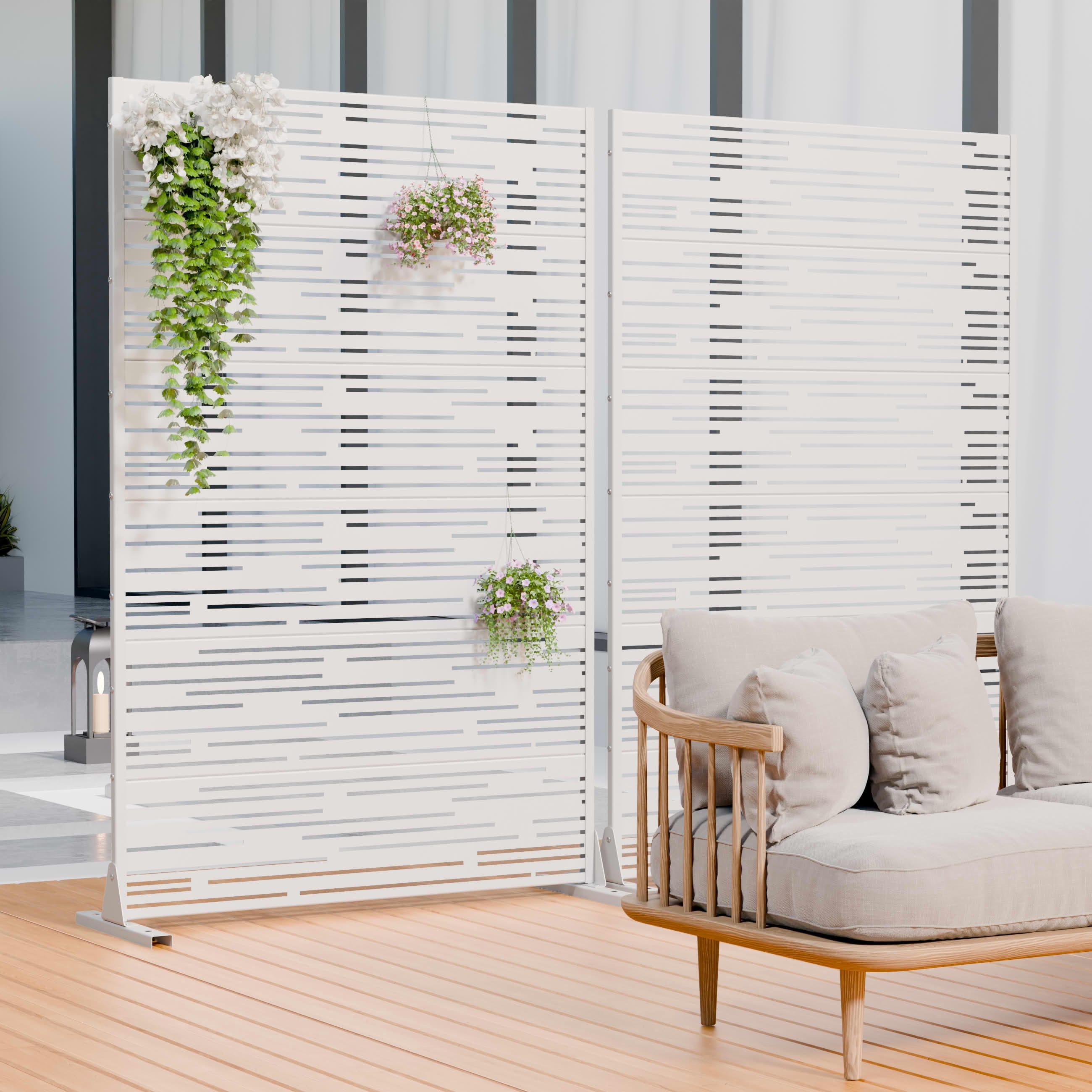 MAYEERTY 2-Piece Outdoor Metal Privacy Screen 6ft × 4ft White, 6-Panel Light & Shadow Pattern, Rust-Resistant for Garden