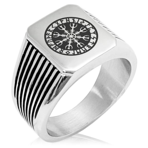 Stainless Steel Helm of Awe Viking Norse Needle Stripe Pattern Biker Style Polished Ring