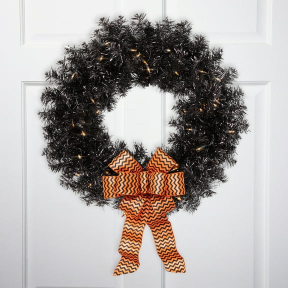 Northlight Pre-Lit Artificial Halloween Tinsel Wreath - 24" - Black - Clear Lights