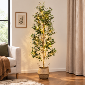 7ft Artificial Indoor Olive Tree with Decorative Planter and String Lights