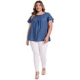 thumbnail image 2 of GRACE & GRANDEUR Women's Plus Size Blouses Toothpick Pleated Texture Ruffle Short SleeveCrew Neck Casual Tops 2X Dark Blue, 2 of 7