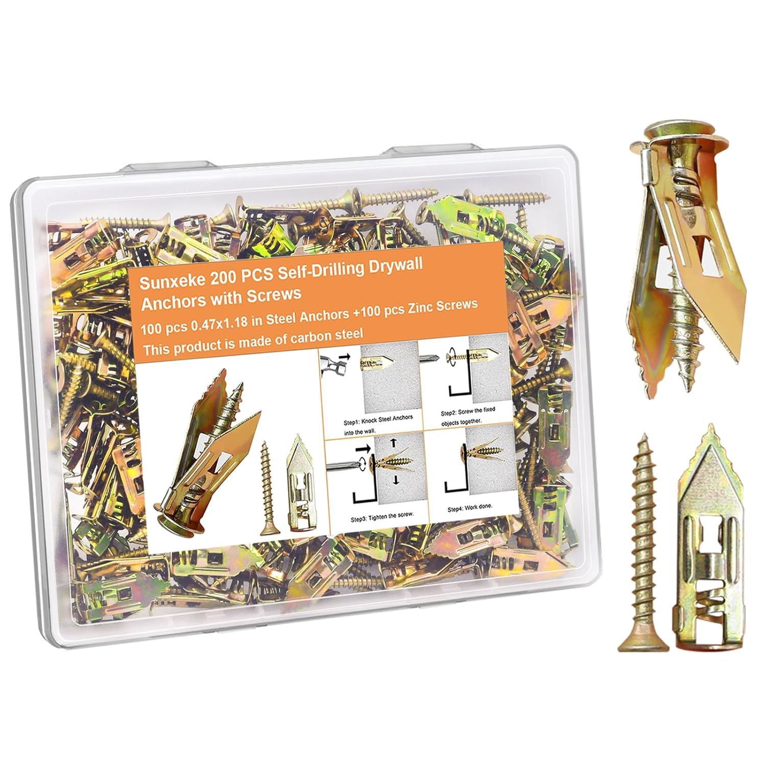 Drywall Expansion Anchors + High Strength Zinc Screws Kit (Pack of 100), Self Drilling Drywall Anchor, Quick-Install Wall Anchor Kits