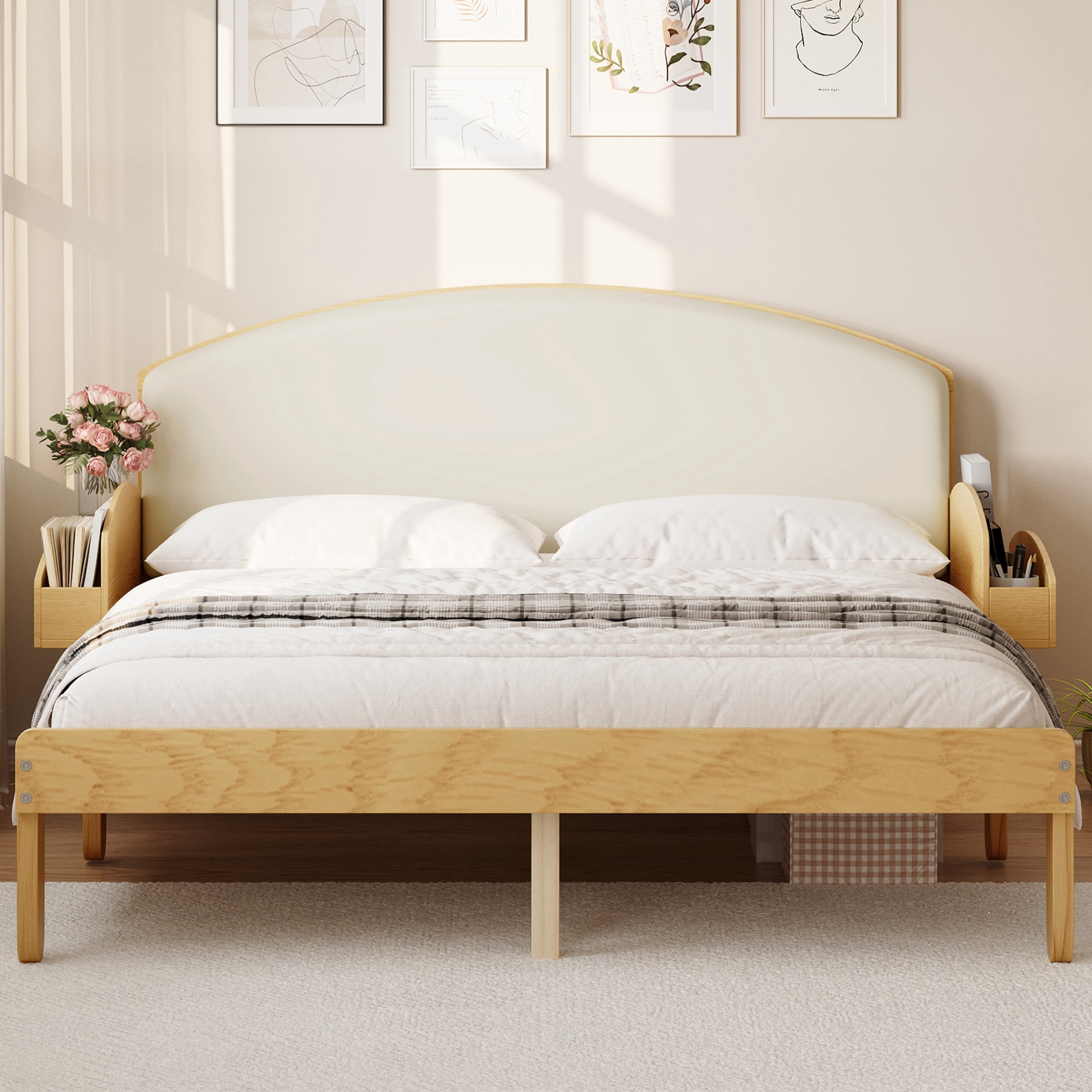 Noble House Full Size Platform Bed with Curved Padded Headboard, Side Storage Shelves, Natural