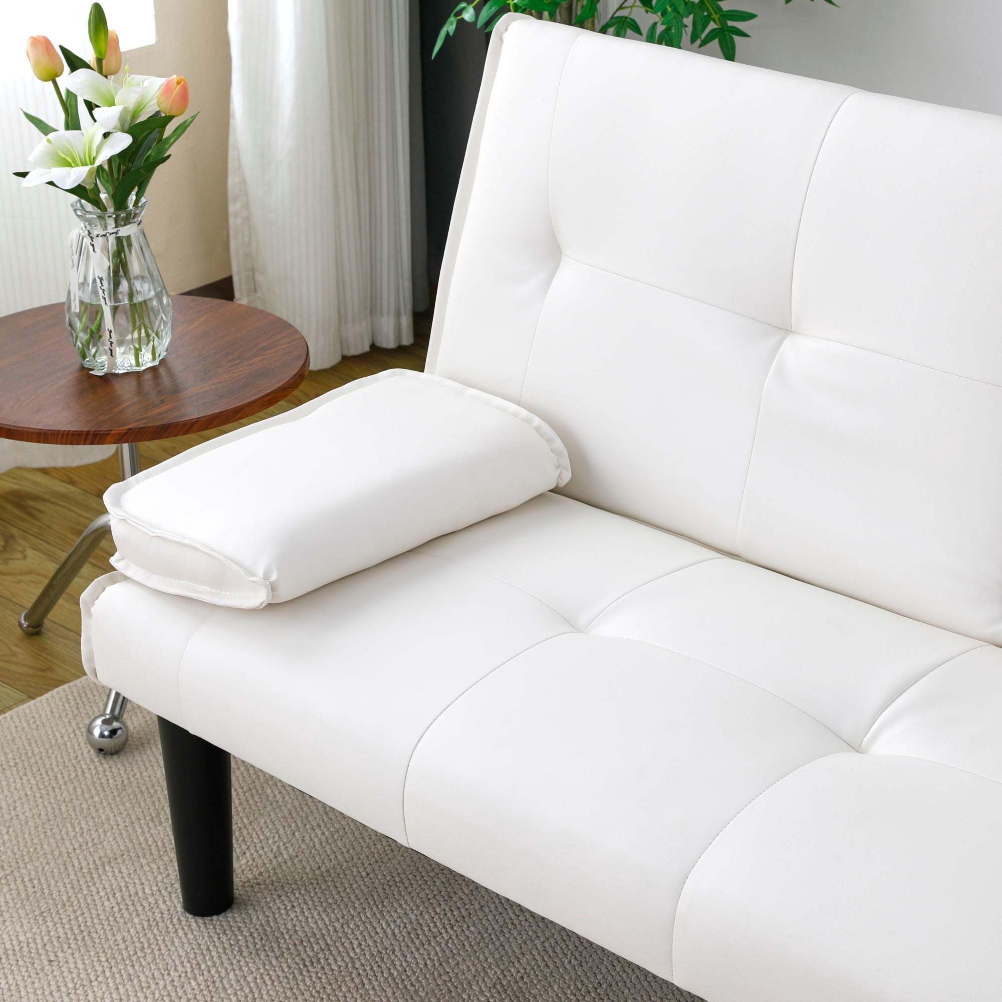 67 inch Futon Sofa Bed Faux Leather Couch Modern Convertible Folding Recliner with 2 Cup Holders for Living Room,Bedroom,White