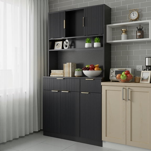 Opohoro 73" Kitchen Pantry Cabinet with Charging Station, 5-Door and 2-Drawer Storage Cabinet, Black