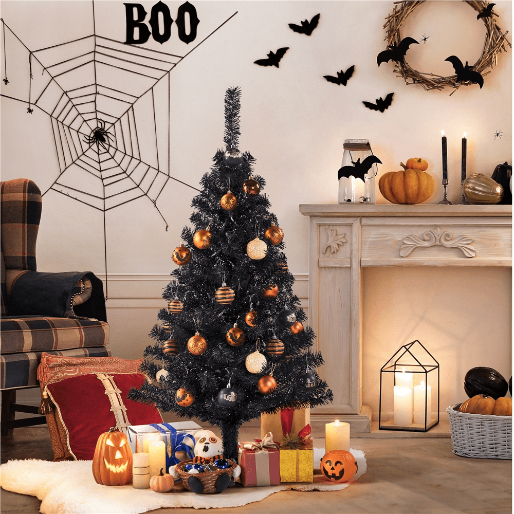Alden Design 4Ft Pre Lit Fir Artificial Christmas Tree with Foldable Stand, Black