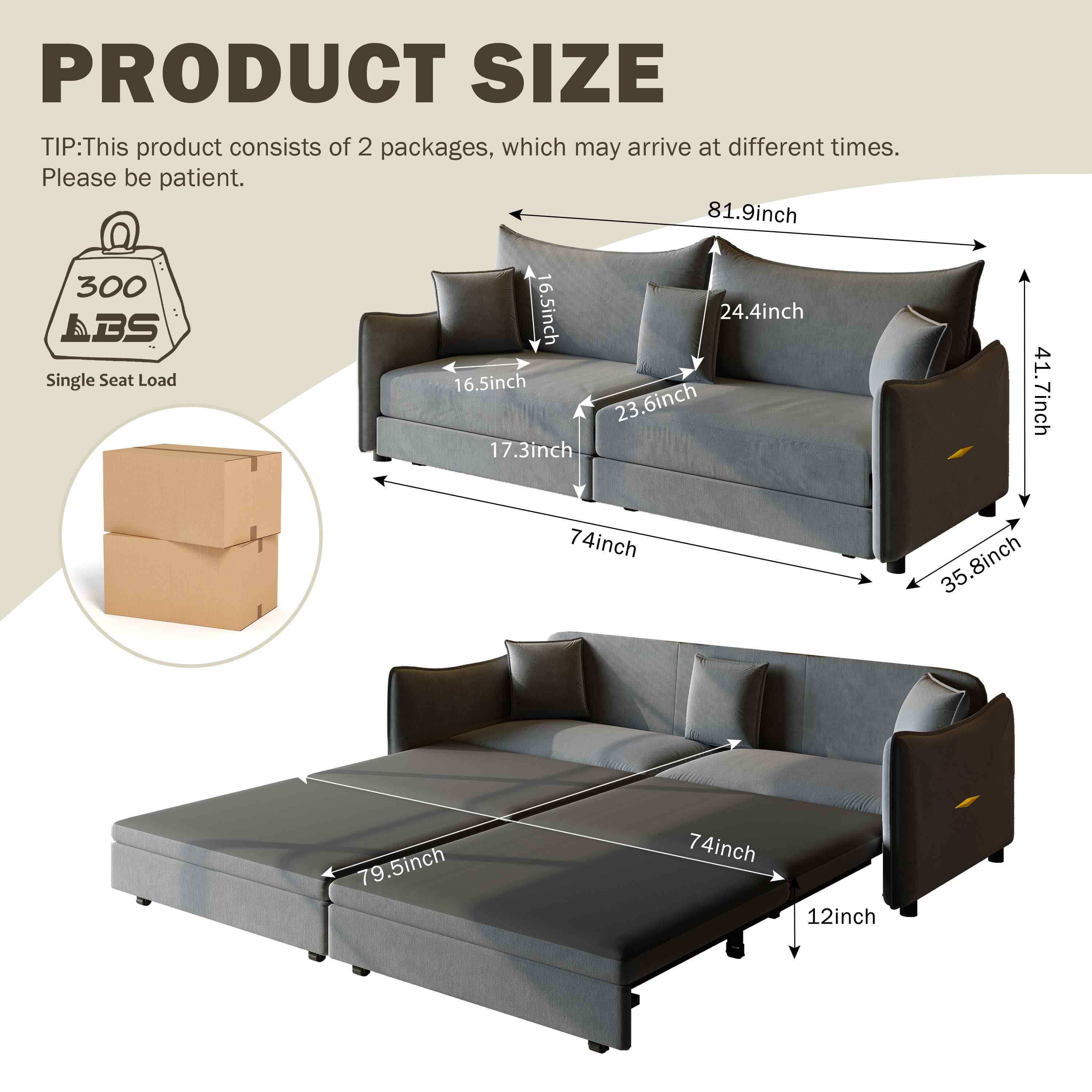 FFH 81.9" Sofa Bed King, 3 in 1 Convertible Sleeper Sofa, Pull Out Sofa Bed with 3 Pillows, Modern Velvet 3-Seater Couch for Living Room, Gray