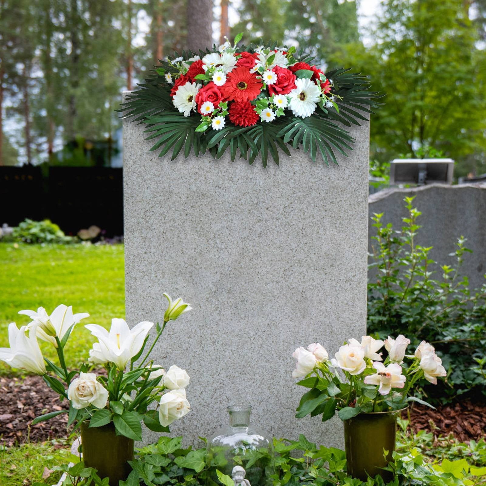 Cemetery Headstone Flower Saddle, Artificial Cemetery Flowers,Outdoor Artificial Floral Headstone Saddle, Bouquets & Cemetery Saddle For Outdoor Memorials,White,25.2x18.5"