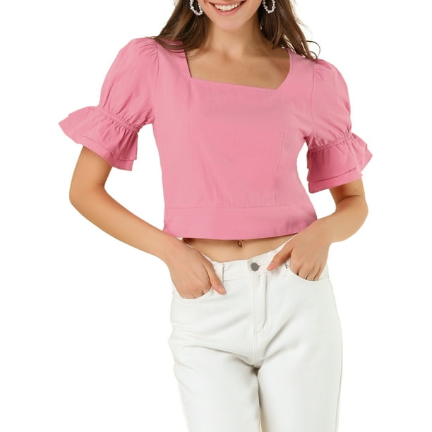 Allegra K Women's Square Neck Puff Sleeve Peplum Tops White XL