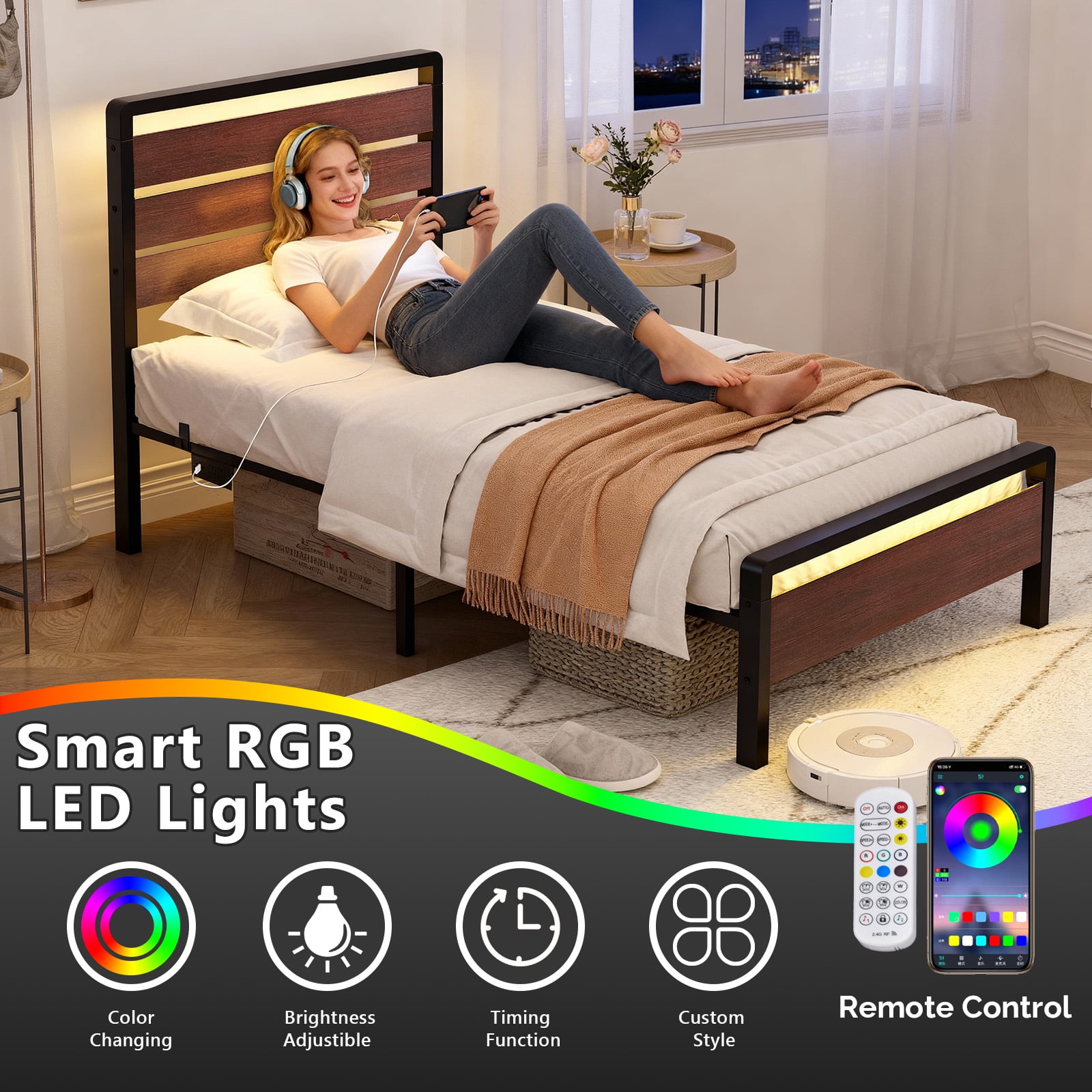 Ktaxon Twin Size Bed Frame with LED Headboard & Footboard, Metal Platform Bed with Charging Station, Rustic Red Brown