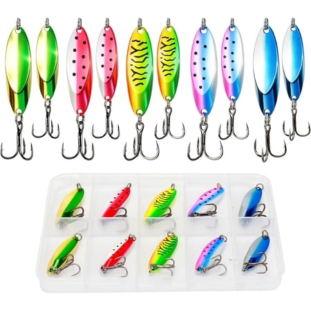 10 count Fishing Spoons Lures Kits Trout Saltwater Fishing Lures 2 Size Casting Metal Spoon with High Flash Heavy Duty Jigs Lures for Trout Walleye Bass Pike Crappie