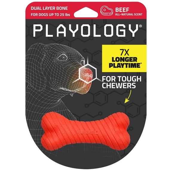 Playology Dog Toys | Durable Chew Toy Dual Layer Bone, Beef Scented Toy - Small