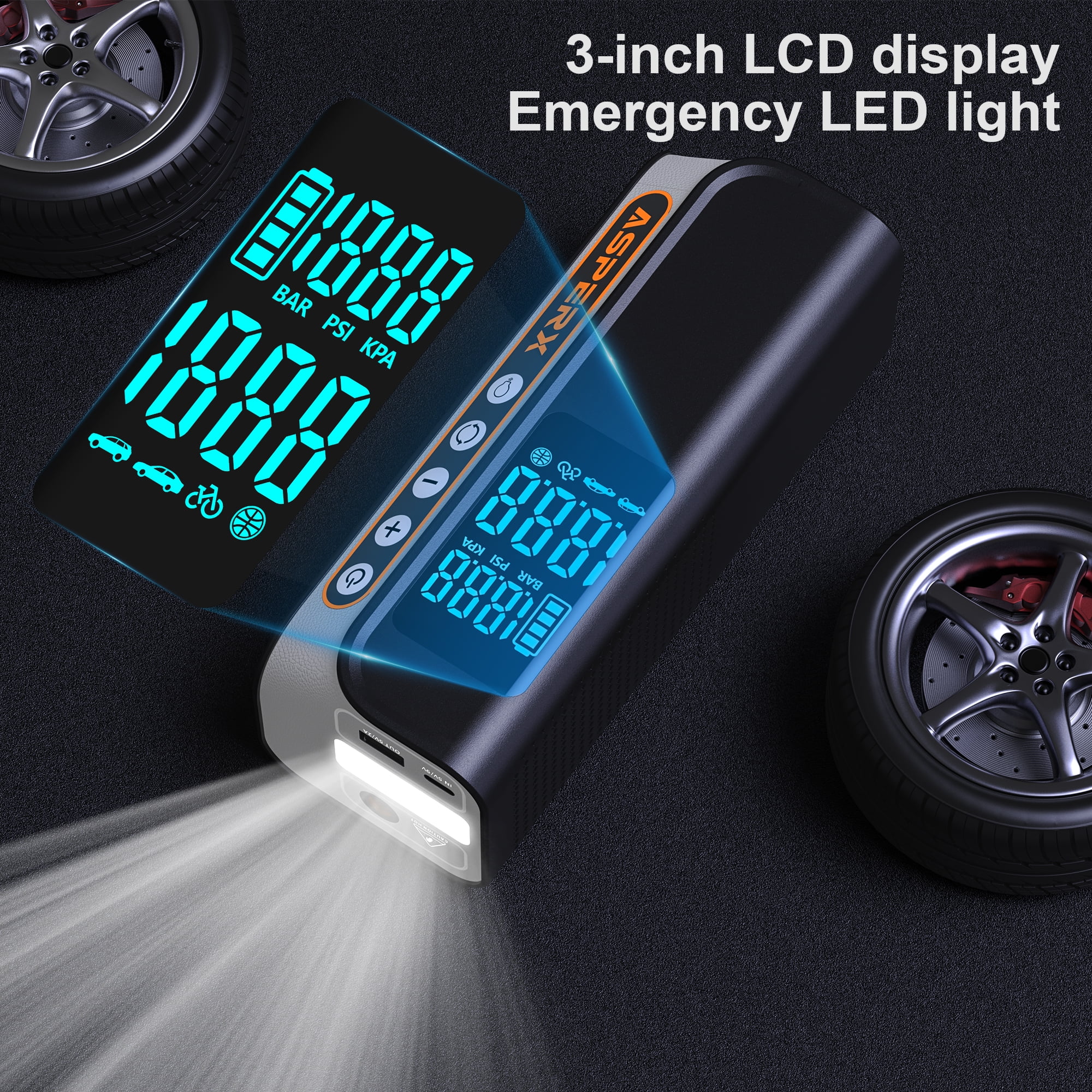 ASPERX Electric Tire Inflator,Portable 160PSI Car Air Compressor with Pressure Detection,Emergency LED Light,Digital Tire Pump-Automatic Shutoff