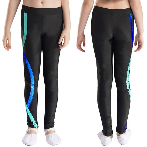 iiniim Girls' Stretch Legging Pants Kids Toddler Striped Print Long Trousers Size 6-16 Black&Blue 12