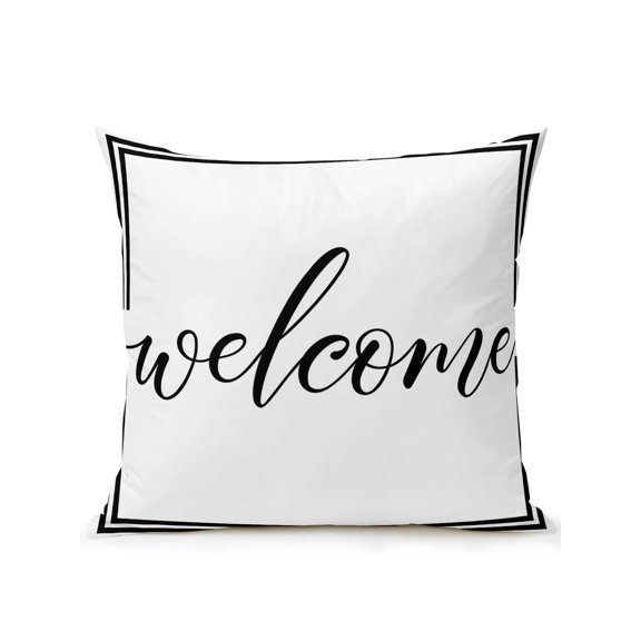 Outdoor Pillows Waterproof, White Welcome Bedding Throw Pillows with Insert for Couch Sofa Bed, Modern Minimalist Black Striped Border 16x16 Inch Pillowcases Decorative Camping Patio Pillow Set of 1