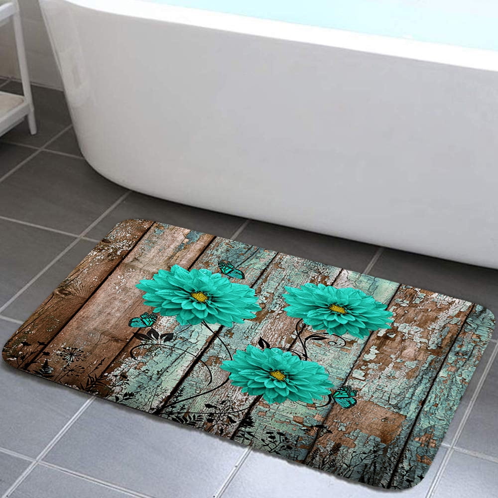 Teal Floral Bathroom Rugs Rustic Farmhouse Bath Mat Soft Flannel Bath