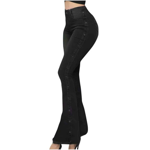CENGNIAN Women's Butt Lift Flare Jeans,Womens Stretchy Denim Bell Bottom Pants,Ladies High Waist Vintage Trousers with Rivet Details,Black,Size XXL