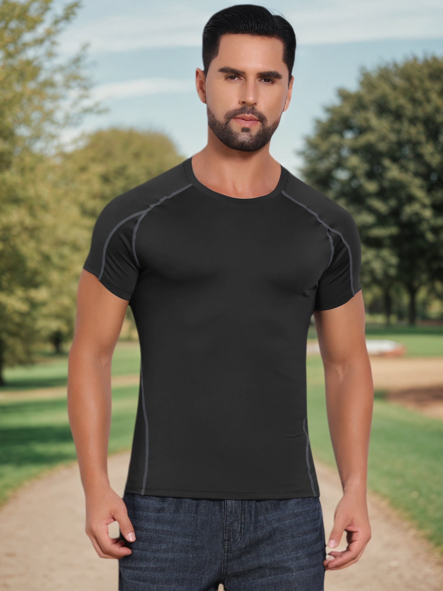 DARING DIVA Men's Workout Stretch Crew Neck Short Sleeve T-Shirt L Black
