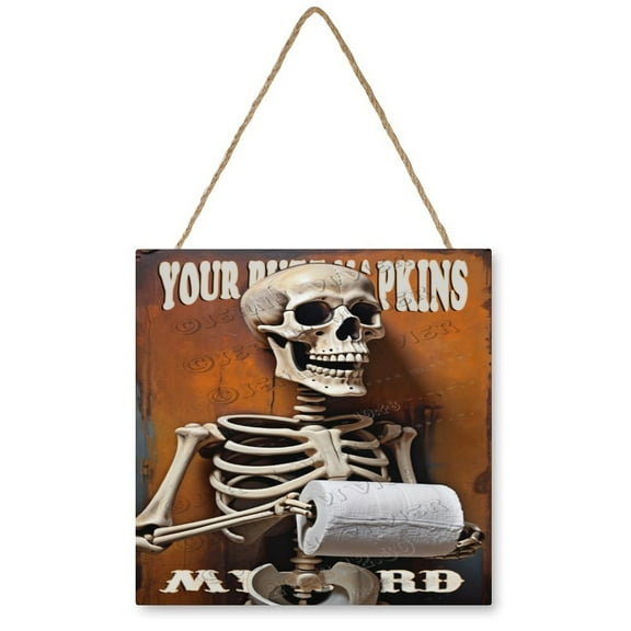 Skeleton With Toilet Paper Wooden Hanging Sign All Saints' Day Decor Halloween Decoration Halloween Door Sign, Walls Hanging Decor, Halloween Festivities 12"x12"